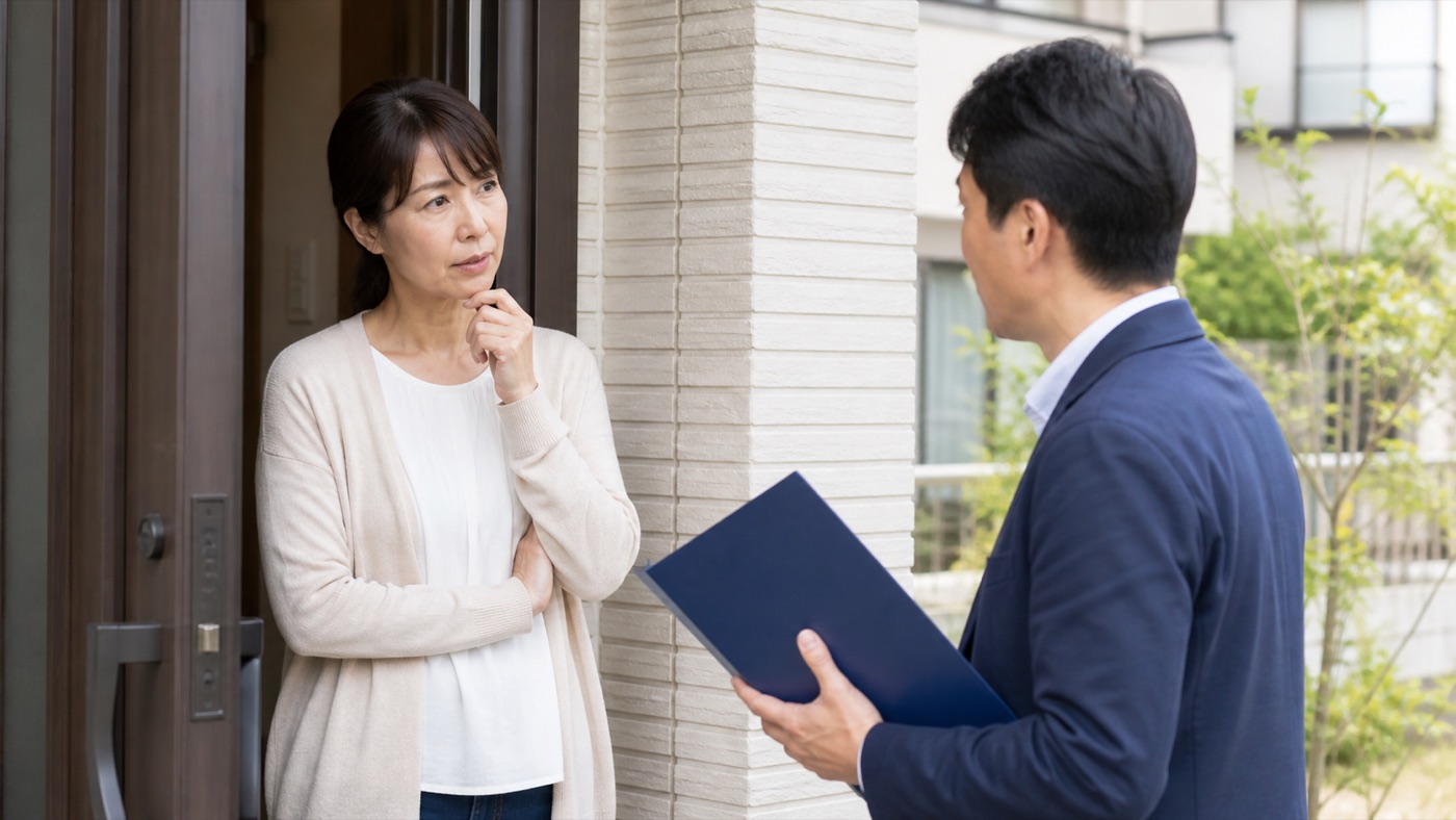 自宅を訪れた点検業者へ慎重に対応する住人
