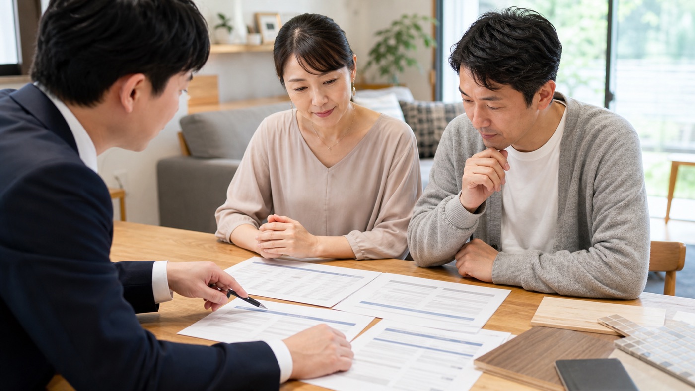 施工会社の担当者とリフォーム見積書を比較する夫婦