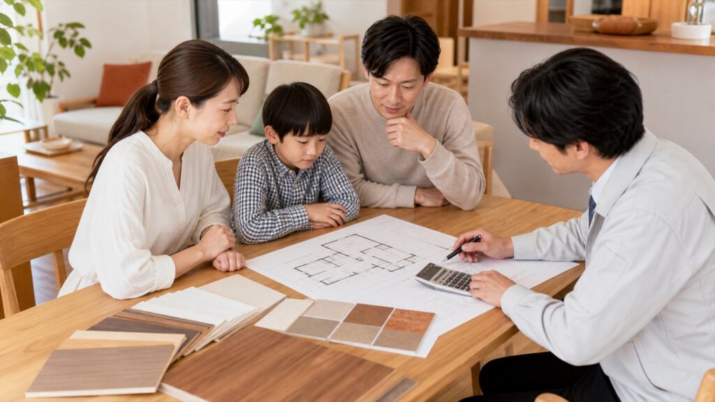 家族と施工会社の担当者がリフォーム予算を相談する様子